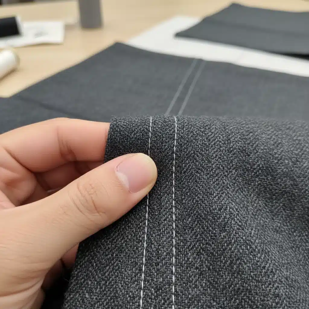 Hand meticulously examining fabric quality and stitching on a clothing item for durability.