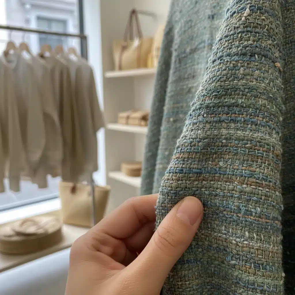 Hand touching recycled fabric garment, showcasing sustainable texture
