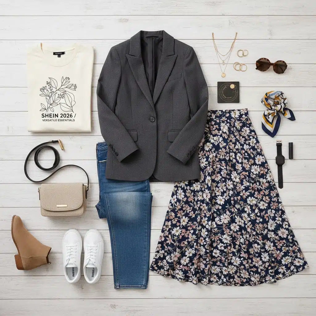 SHEIN 2026 capsule wardrobe flat lay with versatile pieces