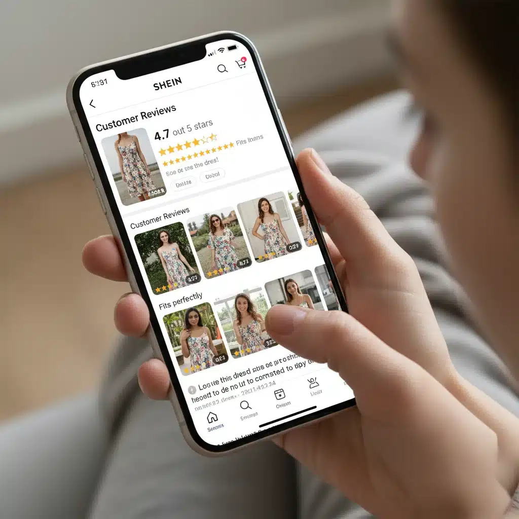 Smartphone screen showing SHEIN customer reviews and product photos for informed purchasing decisions.