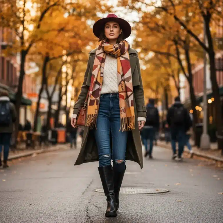 Stylish woman in trendy Shein fall outfit walking city street