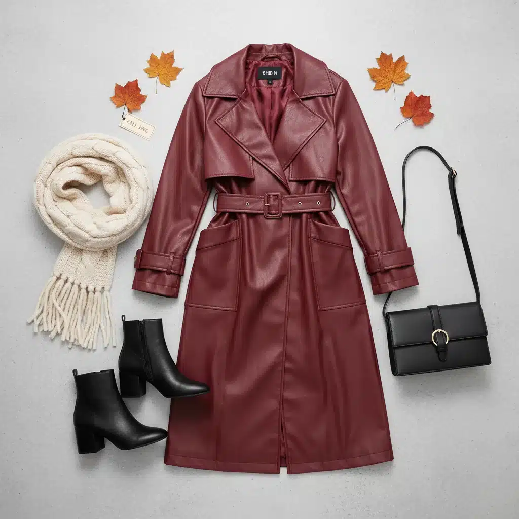 SHEIN faux leather trench coat with fall accessories