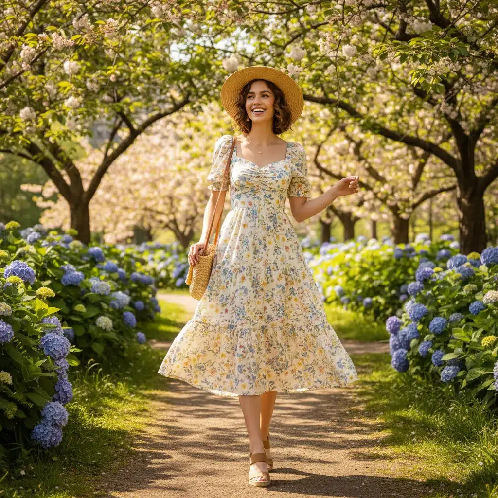 Model wearing a stylish Shein floral midi dress in a sunny park setting.