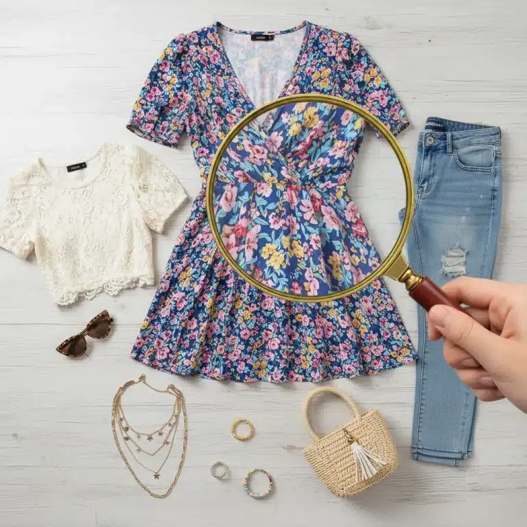Colorful Shein clothing and accessories flat lay with a magnifying glass for quality review.
