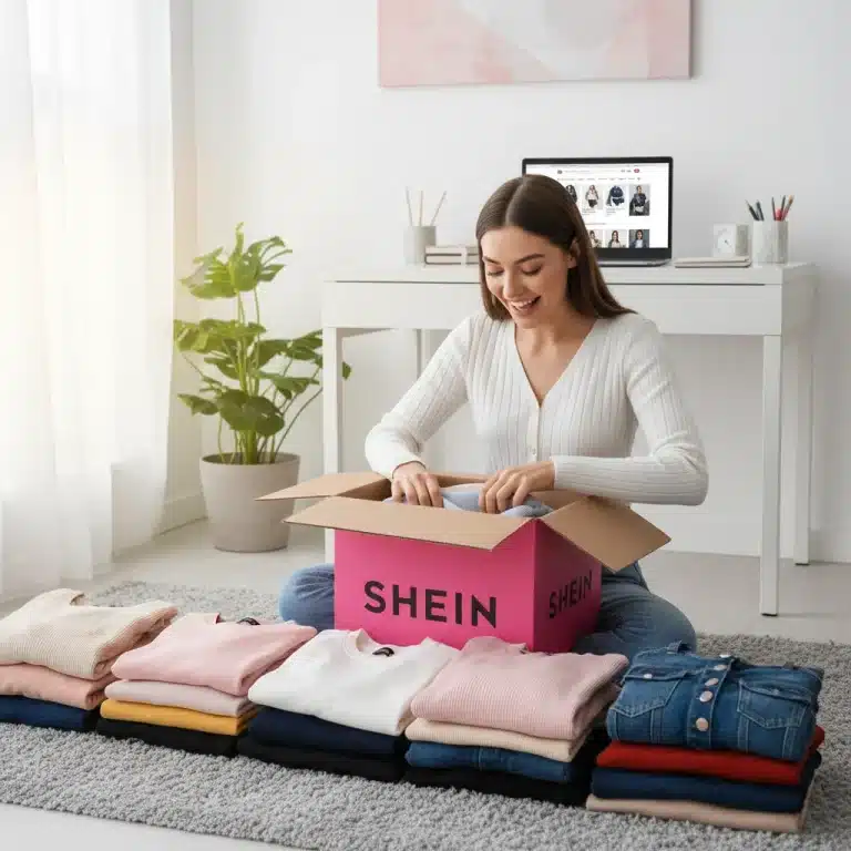 Woman happily unboxing a SHEIN package with clothes and a laptop, showcasing successful online shopping.