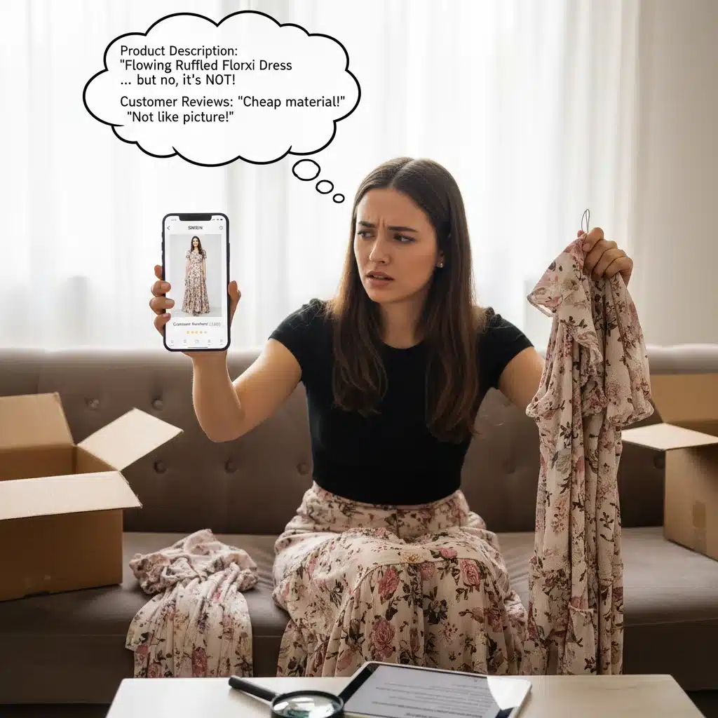 Person comparing Shein garment to product image on smartphone.