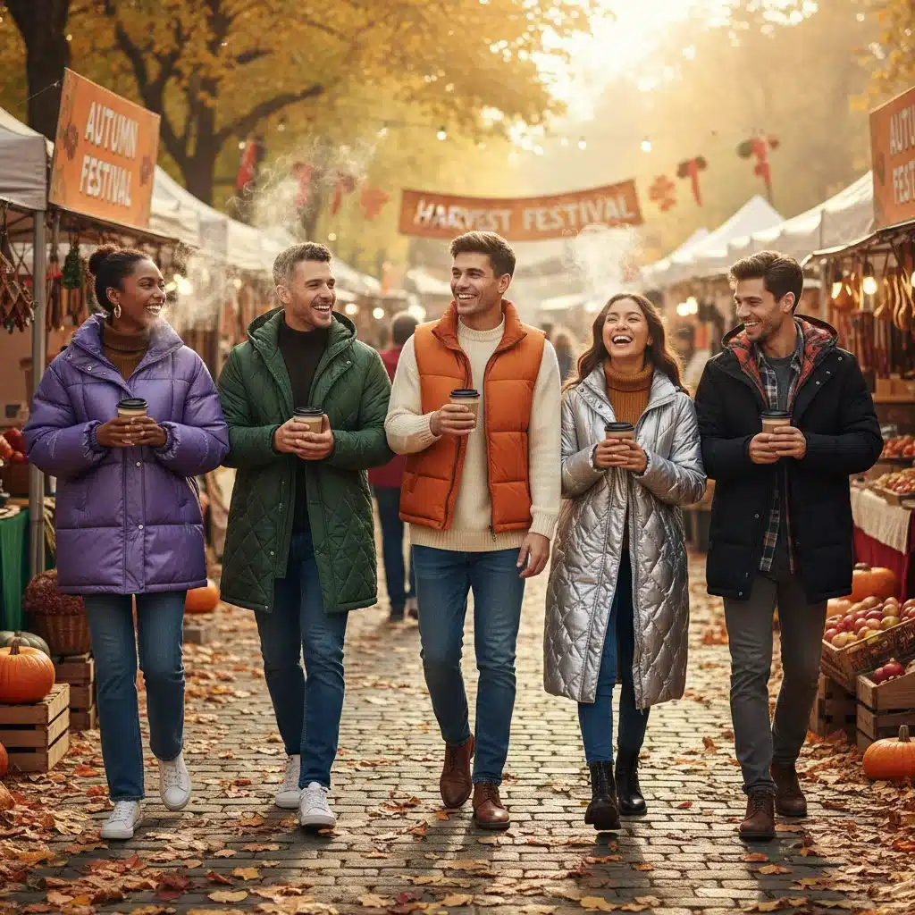 Friends wearing diverse SHEIN puffer and quilted jackets in autumn