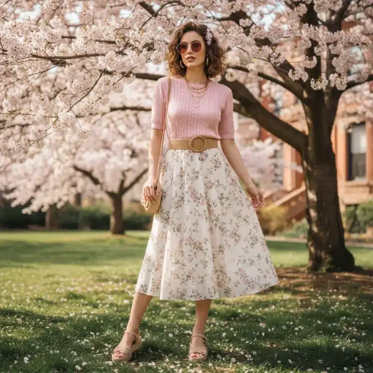 Stylish woman in SHEIN spring outfit amidst cherry blossoms, perfect for transitional US weather.