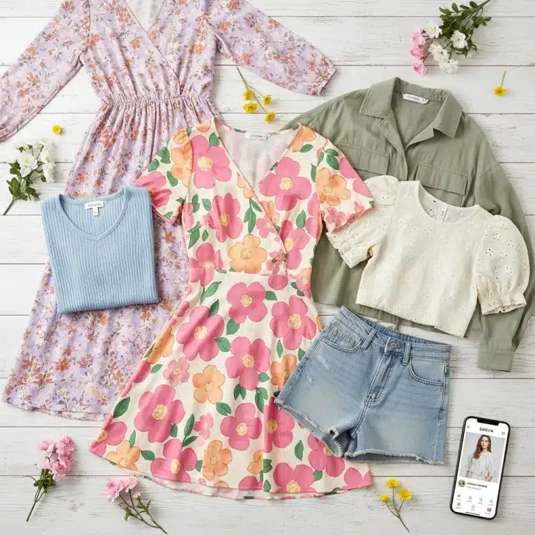 Vibrant Shein spring clothing haul flat lay with floral dresses and pastel tops.