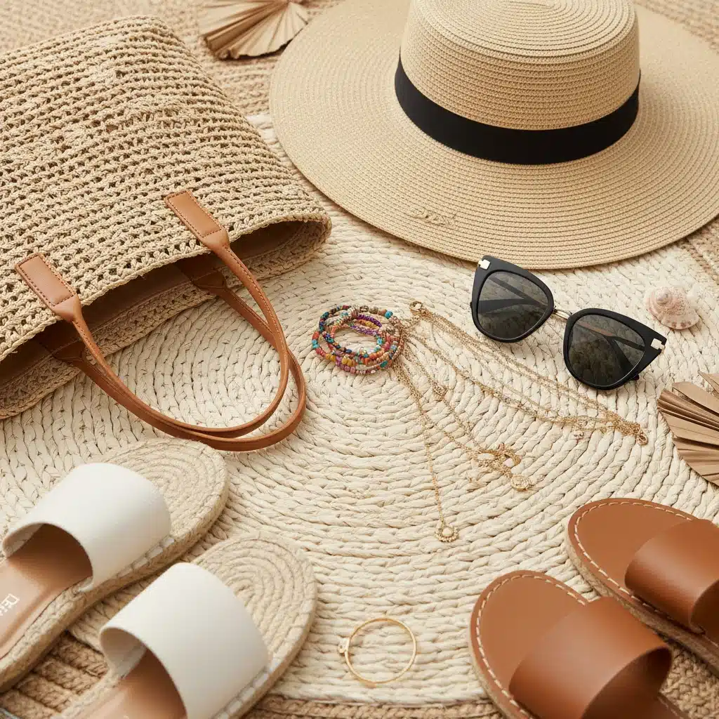 SHEIN summer accessories: straw hat, sunglasses, layered necklaces, woven bag, sandals