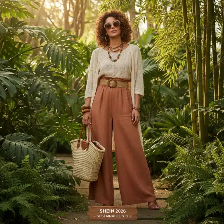 Model in Shein's sustainable 2026 fashion, earthy tones, natural fabrics