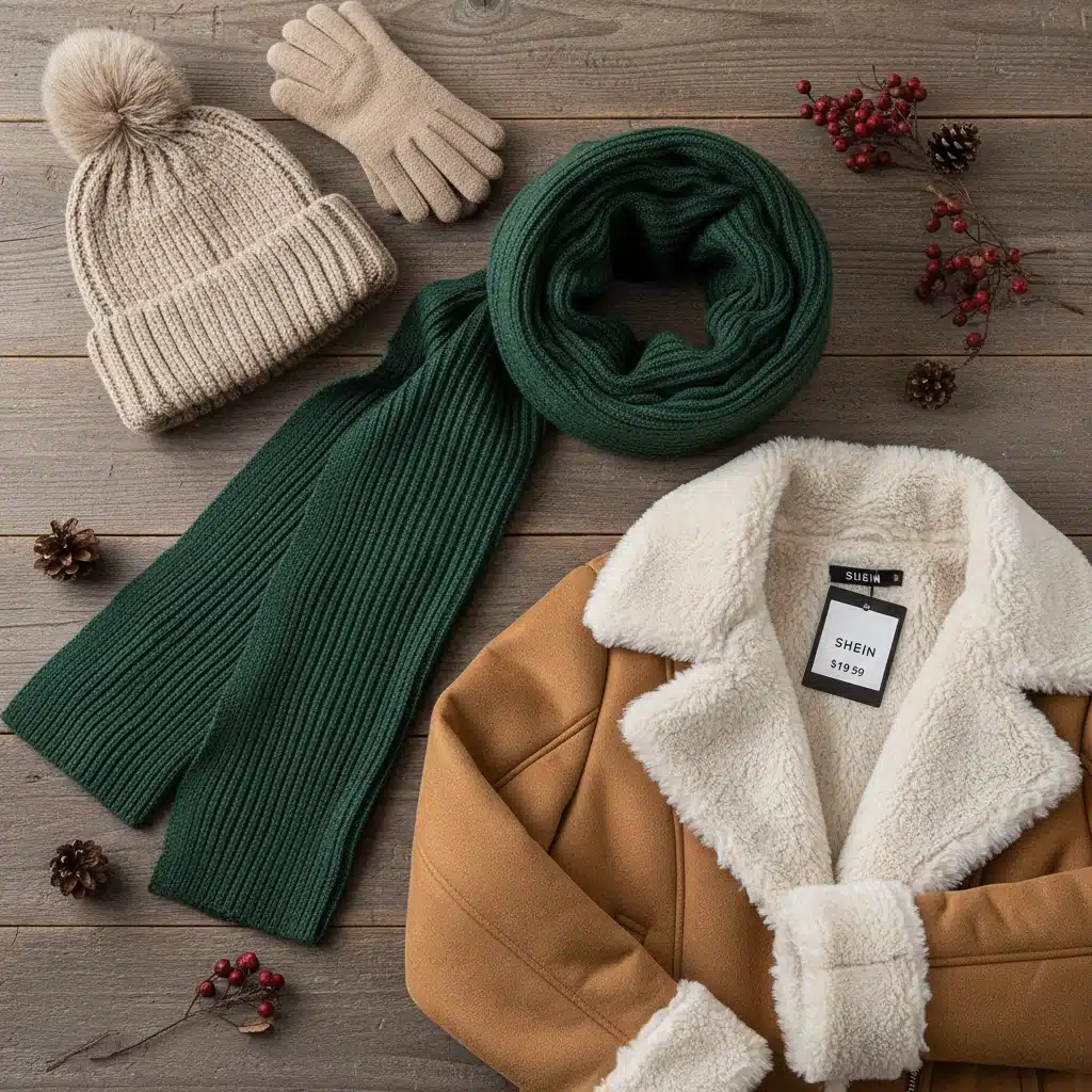 Flat lay of SHEIN winter accessories: beanie, gloves, scarf, faux fur jacket